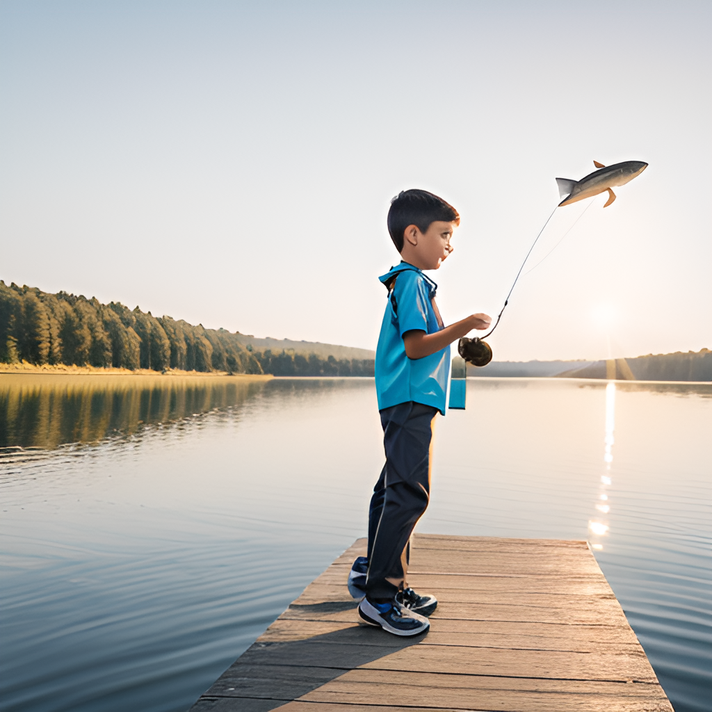 Young boy holding a flying fish on a leash over the surface of a lake, clear summer morning, calm water, morning sun rays, water splashes, 4k quality, high detail