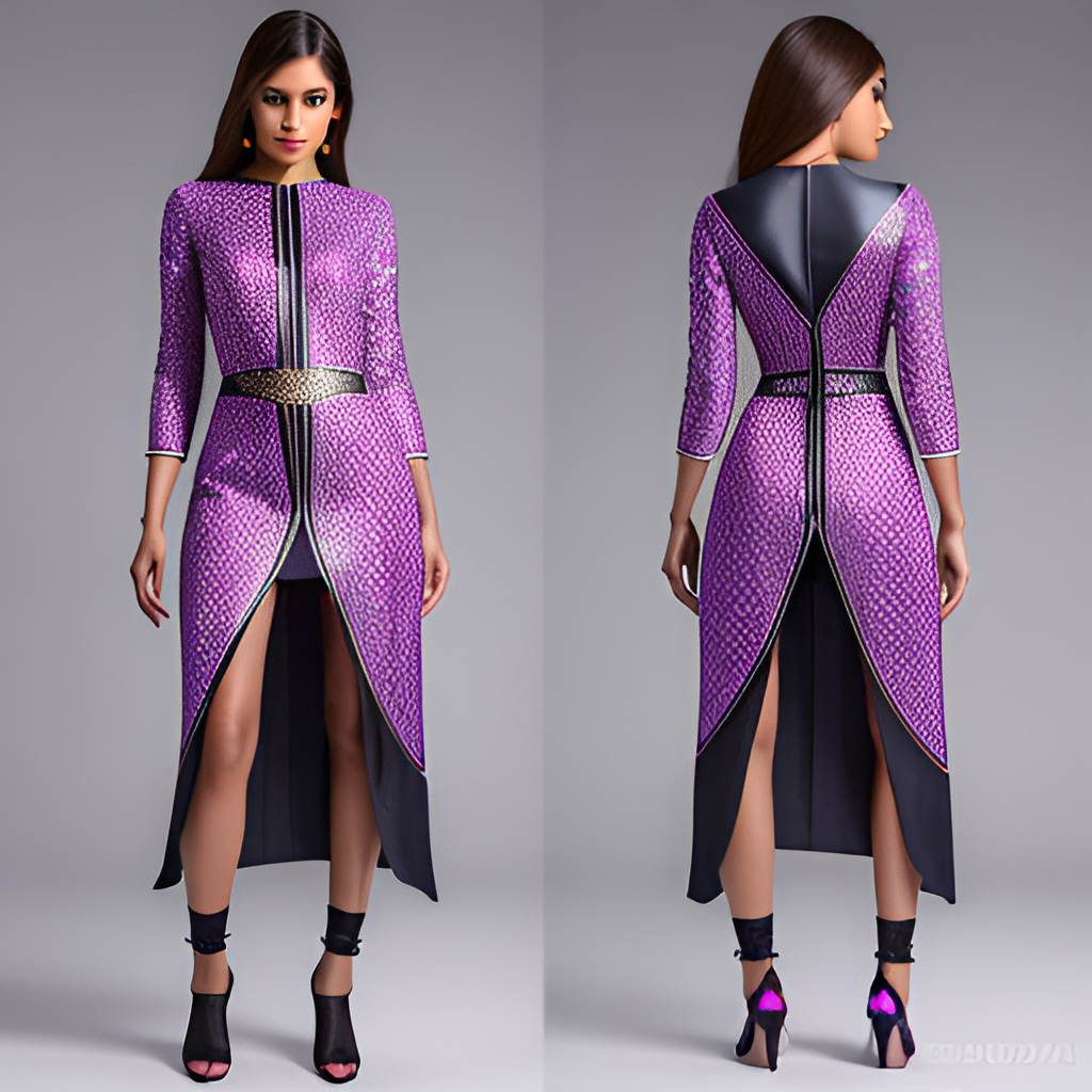 Fashionable dress in 20 years, ultra-realistic style, technological fabrics, futuristic design, intricate geometric patterns, neon lighting, high detail